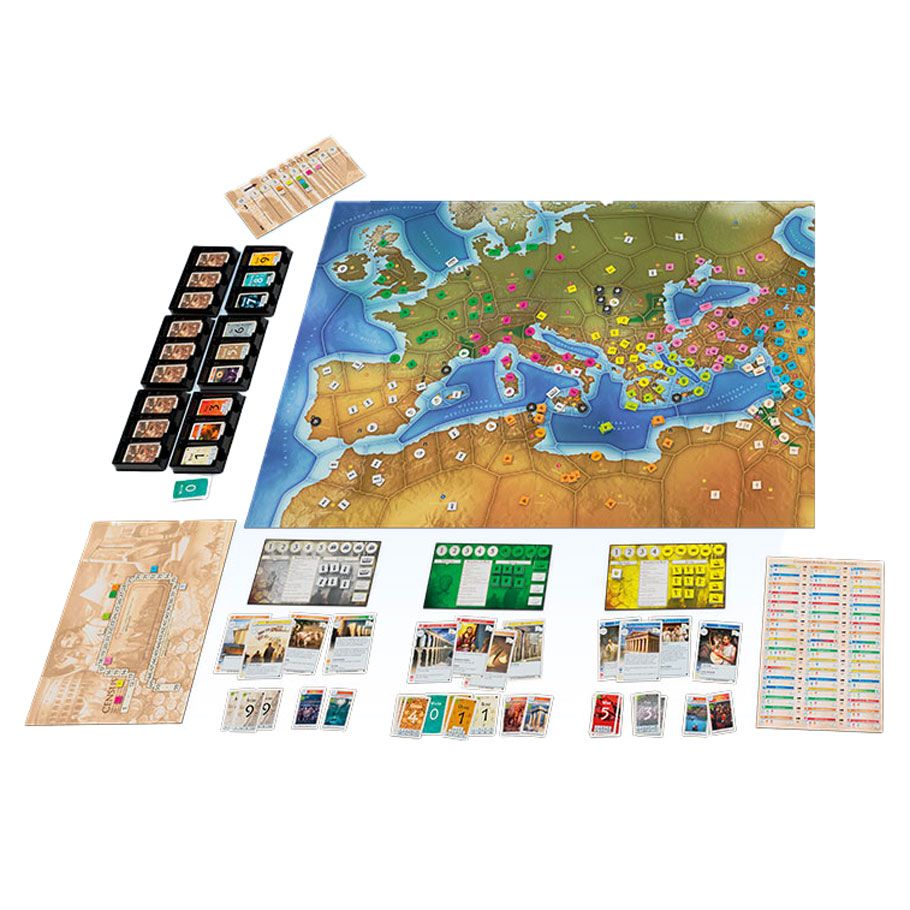 Mega Empires: The West - Board game setup with a colorful map of the Mediterranean, player boards, cards, tokens, and a rulebook for strategy.