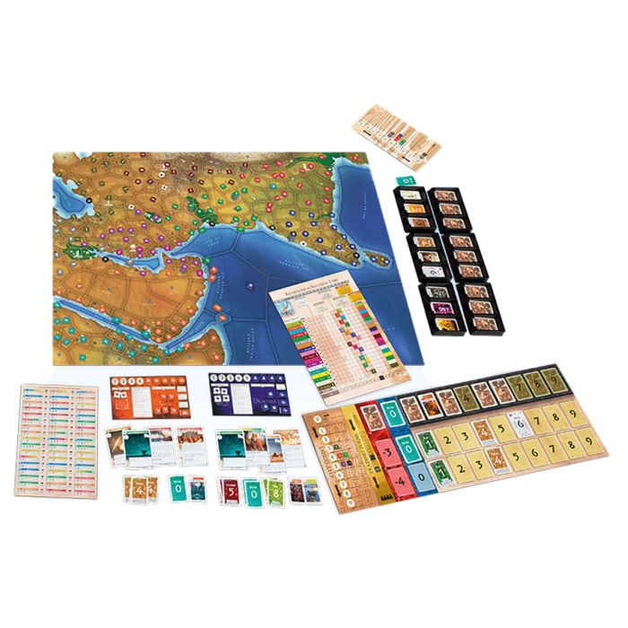 Mega Empires: The East - Colorful board game layout with Middle Eastern map, multiple player boards, cards, and tokens arranged on white background.