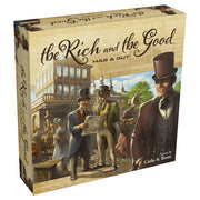 The Rich and the Good - Board game box with vintage style illustration of 19th-century gentlemen in top hats and suits in a city setting.
