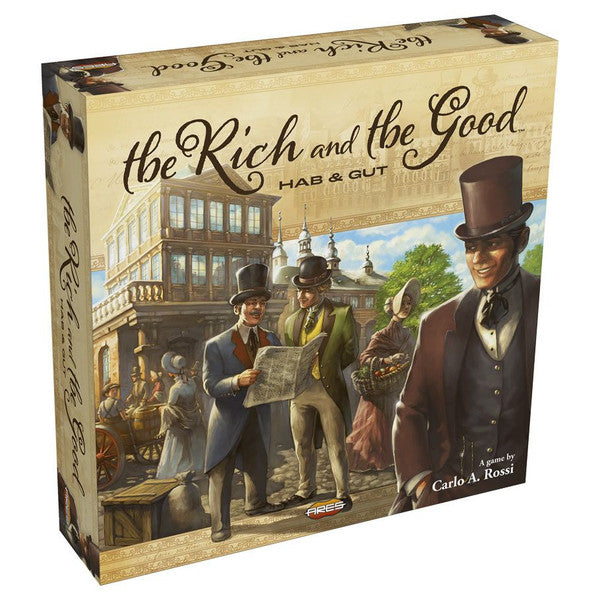 The Rich and the Good - Board game box with vintage style illustration of 19th-century gentlemen in top hats and suits in a city setting.