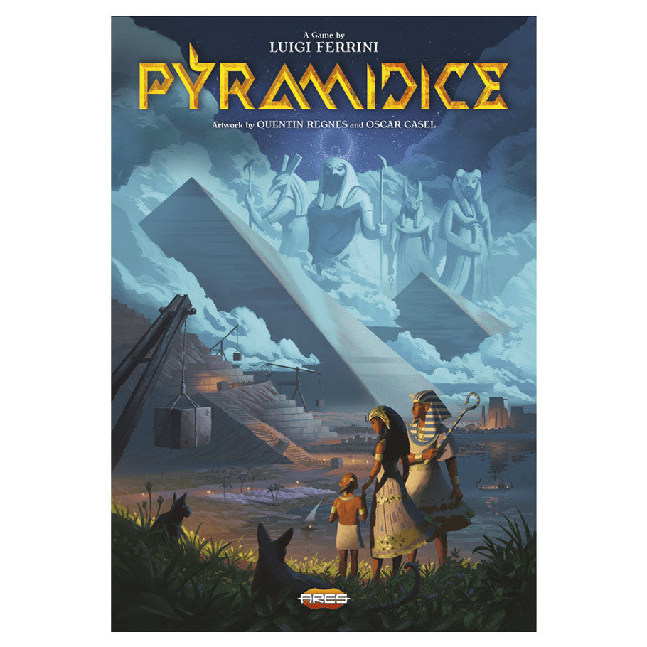 Pyramidice - Board game box with ancient Egyptian pyramids and a family of four observing them at dusk.