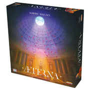 Æterna - Square board game box with a glowing dome ceiling illustration, golden columns, and the title ÆTERNA in elegant serif font.