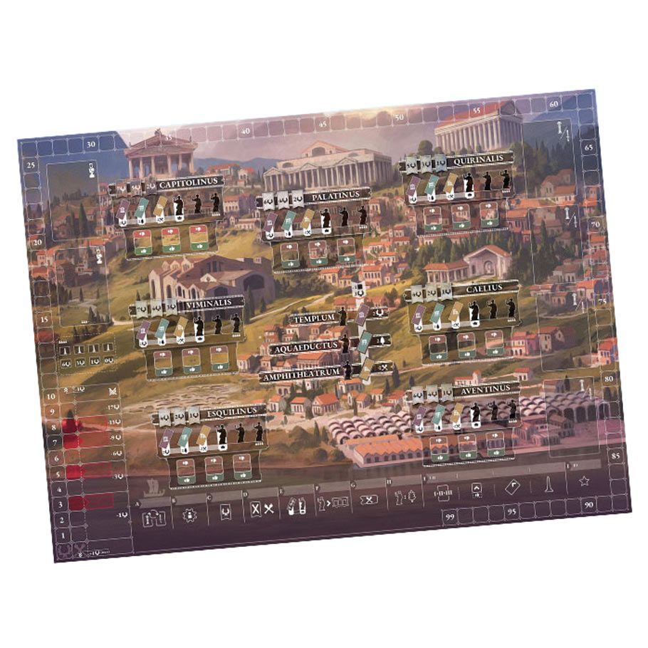 Æterna - Strategy board game card with illustrated ancient city buildings and icons arranged in a grid pattern.
