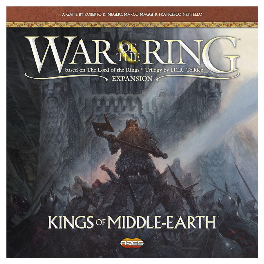 War of the Ring: Kings of Middle Earth Expansion - War of the Ring board game expansion box with dark fantasy artwork depicting armored warriors clashing under a stormy sky.