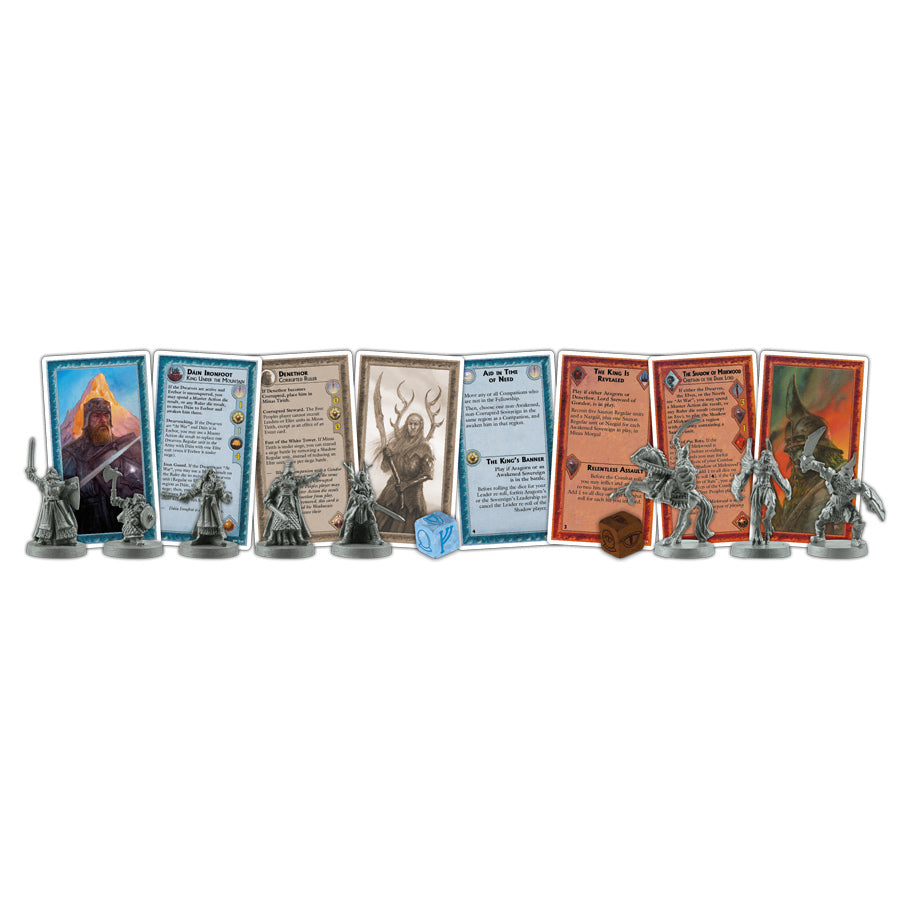 War of the Ring: Kings of Middle Earth Expansion - Set of seven detailed metal miniatures featuring fantasy characters and warriors, accompanied by seven illustrated.