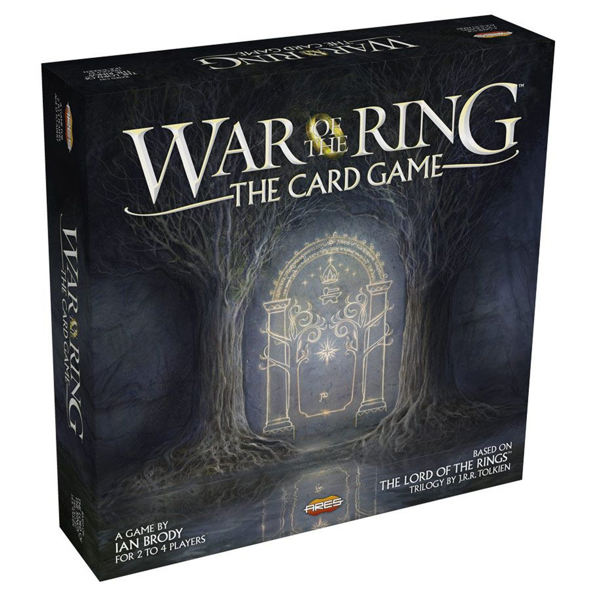 War of the Ring, the Card Game - Dark-themed rectangular box for War of the Ring card game featuring gold and white title text and a mystical door.