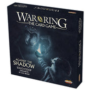 War of the Ring, The Card Game: Against the Shadow - The Card Game, featuring a misty blue-grey illustration of a cloaked figure holding a glowing staff, with bold white and.