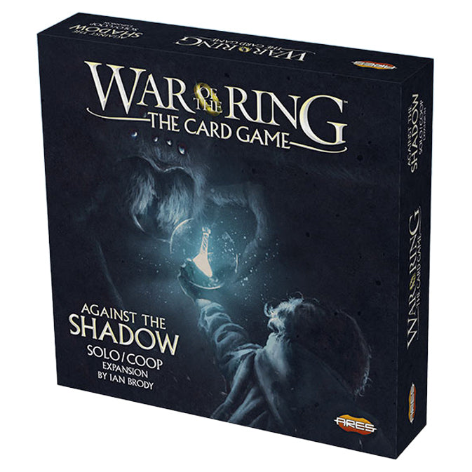 War of the Ring, The Card Game: Against the Shadow - The Card Game, featuring a misty blue-grey illustration of a cloaked figure holding a glowing staff, with bold white and.