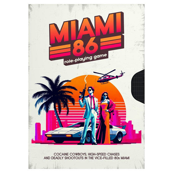 Miami 86 - Role-playing game box cover with retro Miami 1980s design, neon colors, palm tree, sports car, and two stylish characters.