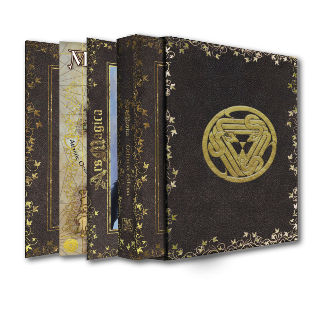 Ars Magica, 5e: Definitive Edition Set (PREORDER) - Set of four dark brown hardcover books with gold ornate borders and mystical symbols on covers and spines.