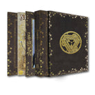 Ars Magica, 5e: Definitive Edition Set (PREORDER) - Set of four dark brown hardcover books with gold ornate borders and mystical symbols on covers and spines.