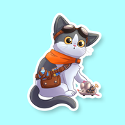 Artificer Class D&D Cat Sticker - Gray and white cat sticker wearing orange scarf, leather goggles, and satchel, next to tiny robotic mouse.