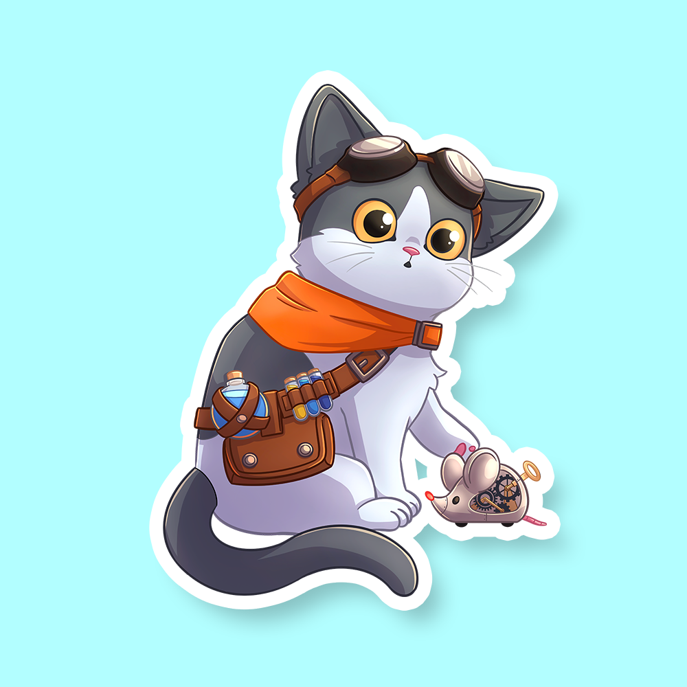Artificer Class D&D Cat Sticker - Gray and white cat sticker wearing orange scarf, leather goggles, and satchel, next to tiny robotic mouse.