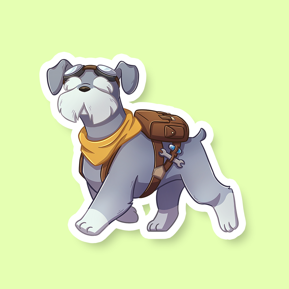 Artificer Class D&D Dog Sticker - Gray dog with aviator goggles, yellow bandana, and brown satchel sticker on light green background.
