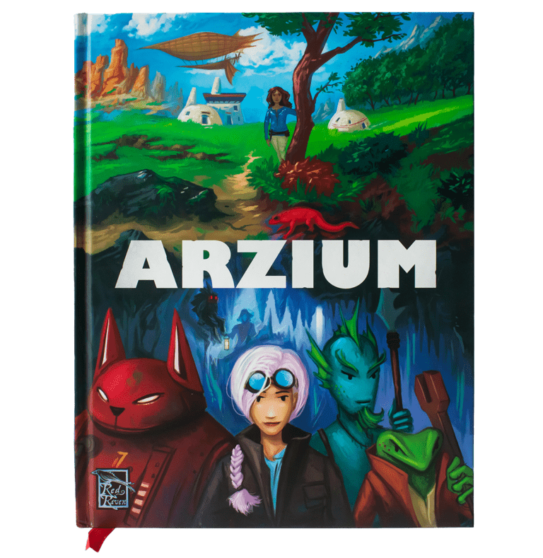 World of Arzium RPG - Hardcover RPG book titled Arzium with colorful fantasy characters and landscape on the cover.