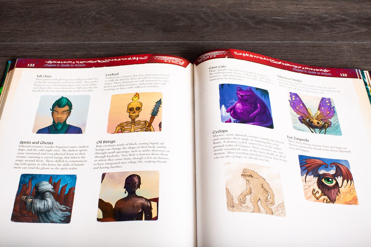 World of Arzium RPG - Open RPG book featuring colorful fantasy character illustrations and descriptive text on white pages with red headers.