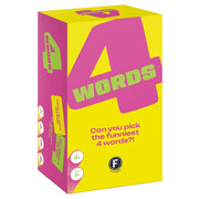 4 Words - Bright yellow and pink rectangular box with bold "4 Words" text and a tagline for a party card game.