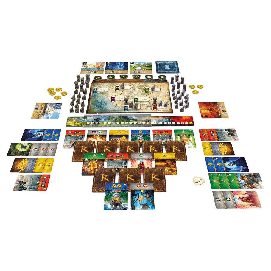 The Lord of the Rings: Duel for Middle-Earth - Board game set with a detailed map board, character cards, tokens, dice, and various game pieces arranged symmetrically on a