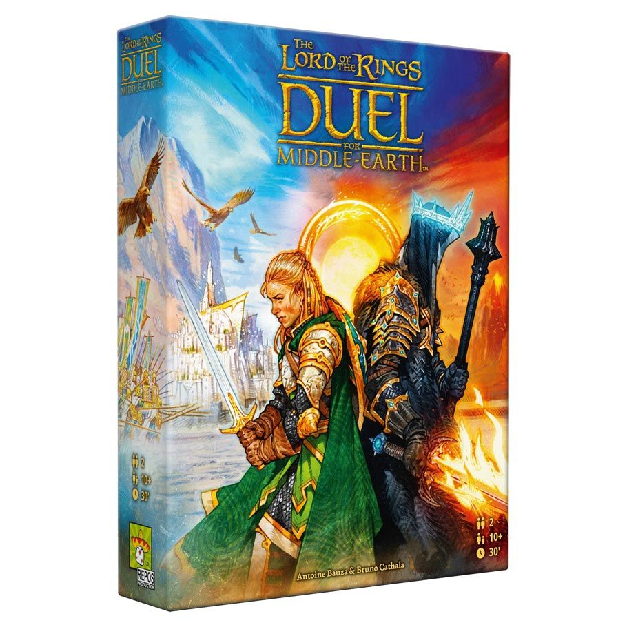 The Lord of the Rings: Duel for Middle-Earth - The Lord of the Rings Duel for Middle-Earth game box with fantasy artwork featuring two warriors back-to-back, one holding.