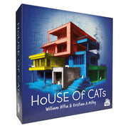 House of Cats - Colorful modern multi-level house illustration on blue background, white "House of Cats" text on front of board game box.