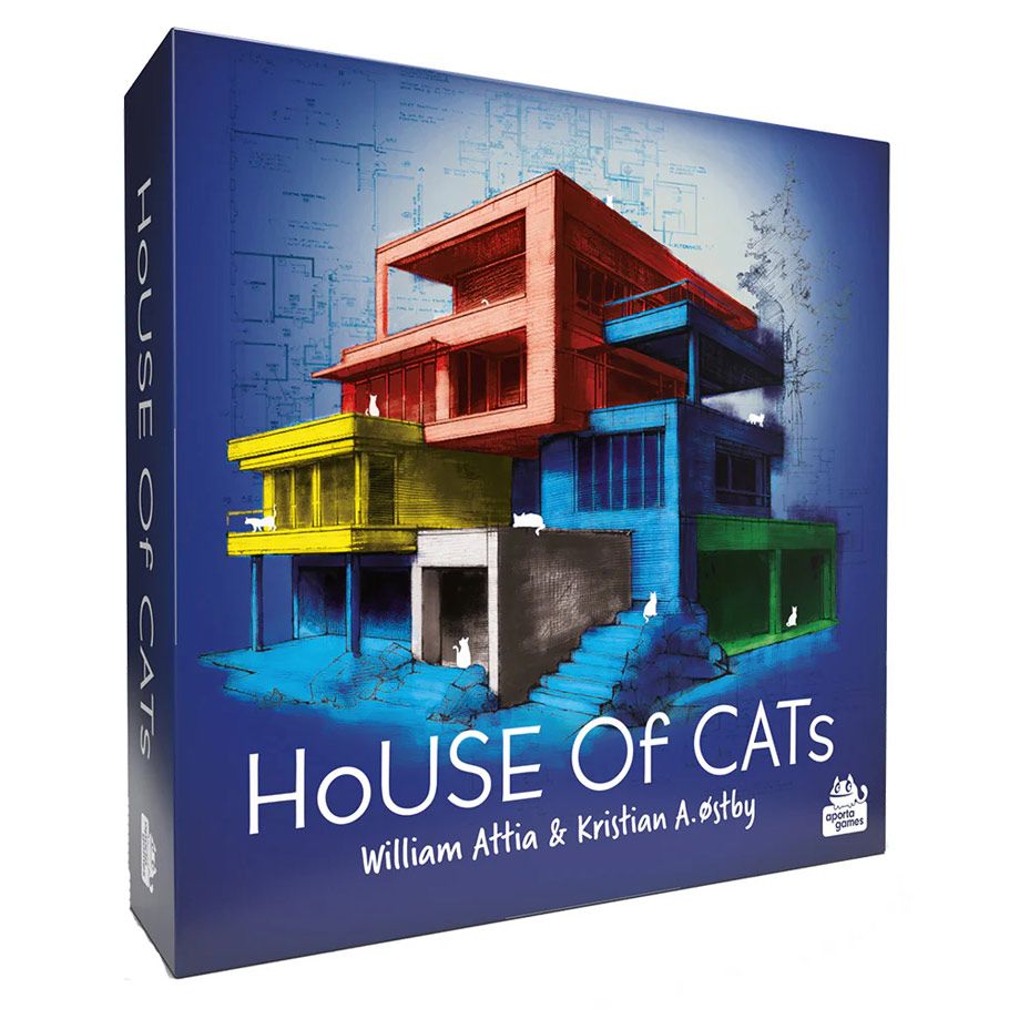 House of Cats - Colorful modern multi-level house illustration on blue background, white "House of Cats" text on front of board game box.