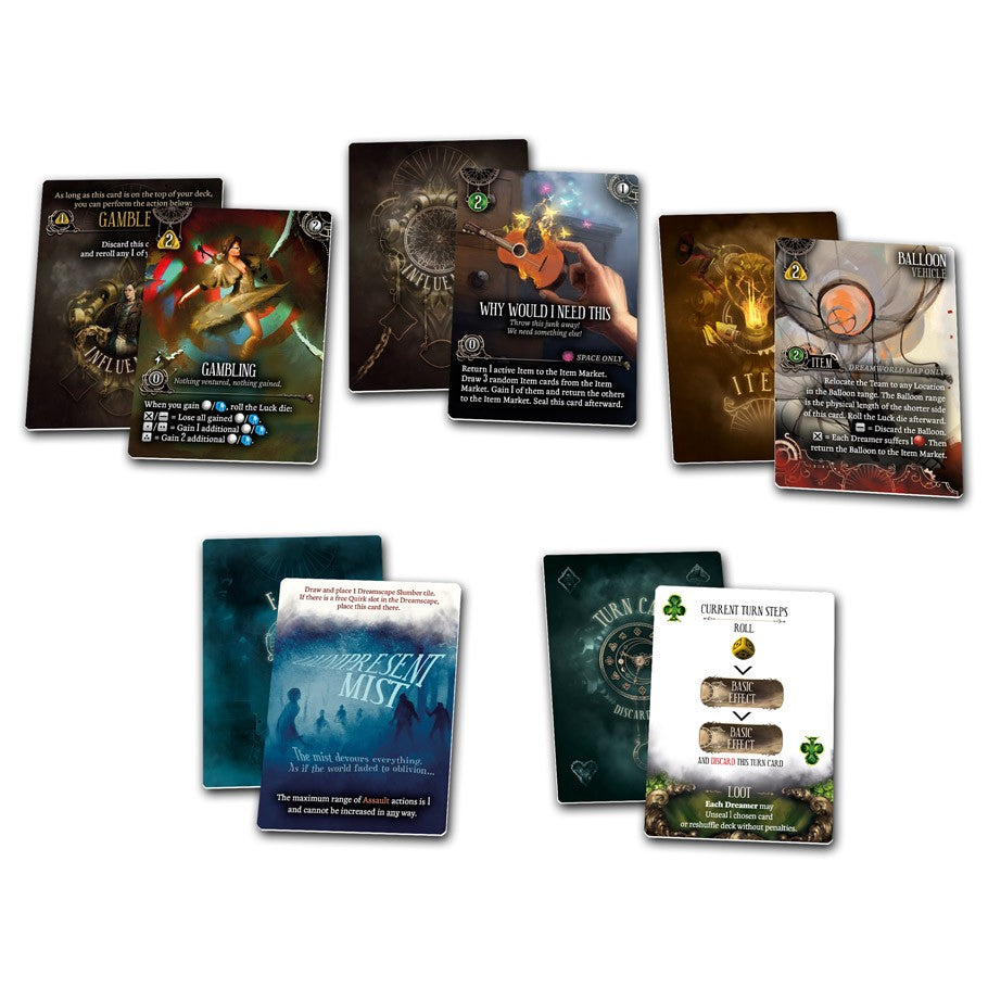 Etherfields Corebox - Set of eight collectible game cards with fantasy-themed artwork, featuring characters, creatures, and text instructions on a