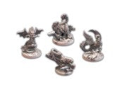 The Great Wall: Ancient Beasts Expansion - Five detailed unpainted metal miniature figures of ancient beasts and warriors for tabletop games.