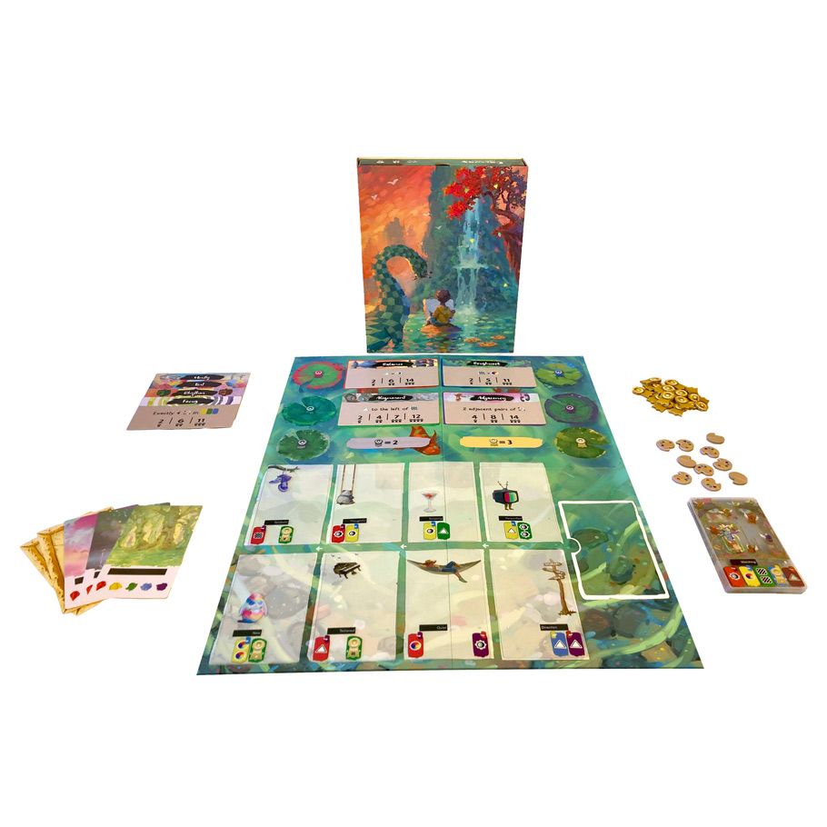 Canvas: Reflections Expansion - Board game expansion pack with colorful illustrated cards, tokens, and a detailed playmat featuring nature and fantasy.