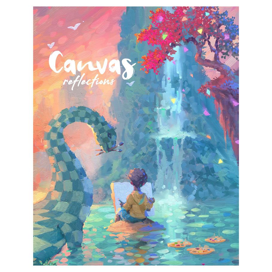 Canvas: Reflections Expansion - Colorful game box cover featuring a person painting by a waterfall with vibrant pink trees and a dragon tail in water.