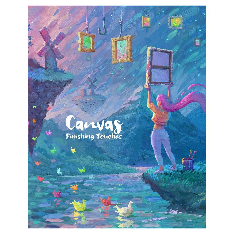 Canvas: Finishing Touches Expansion - Colorful fantasy landscape artwork with a woman painting floating picture frames above a river, surrounded by origami birds.