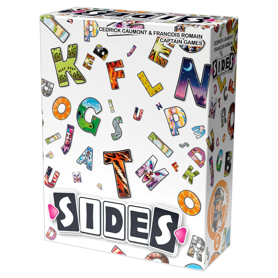 Sides - Colorful illustrated alphabet letters scattered on a white rectangular box with "SIDES" spelled out in black and white block