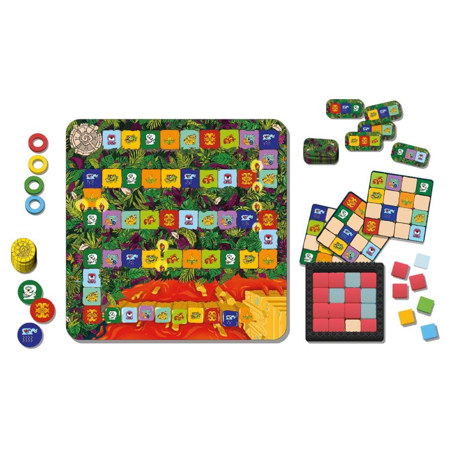 Pakal - Colorful square board game with jungle theme, dice, colored chips, and pattern cards for family play.