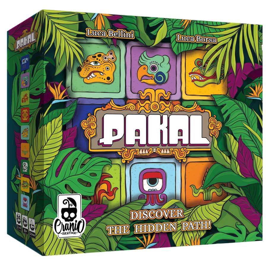 Pakal - Colorful board game box with tropical leaves and ancient stone tile designs surrounding the word Pakal in bold white letters.