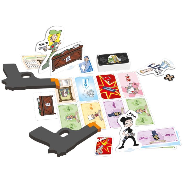 Cash 'n Guns 2nd Edition - Cash 'n Guns 2nd Edition game set with cardboard pistols, colorful character cards, treasure tokens, and wooden bullet.