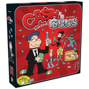 Cash 'n Guns 2nd Edition - Square board game box with red background featuring cartoon characters holding toy guns and money, titled Cash 'n Guns 2nd.
