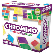 Chromino - Colorful wooden tile game set with purple, green, blue, orange, and yellow squares on a white box labeled Chromino.