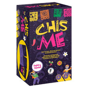 Chisme - Colorful Chisme card game box with bright yellow, pink, and purple text and festive papel picado designs.