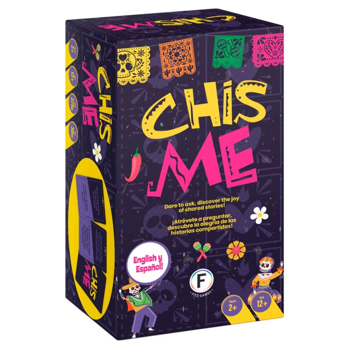 Chisme - Colorful Chisme card game box with bright yellow, pink, and purple text and festive papel picado designs.