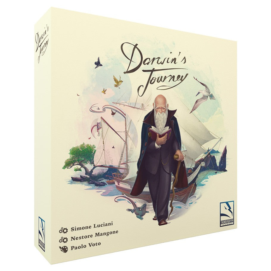 Darwin's Journey - Darwin's Journey board game box with a vintage illustration of Charles Darwin holding a book, surrounded by birds, a tree,.