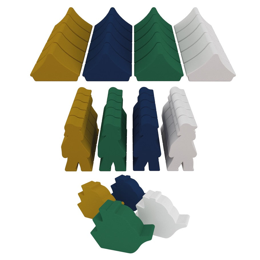 Darwin's Journey - Colorful strategy game pieces in gold, navy, green, and white with varied shapes including shields and tokens.