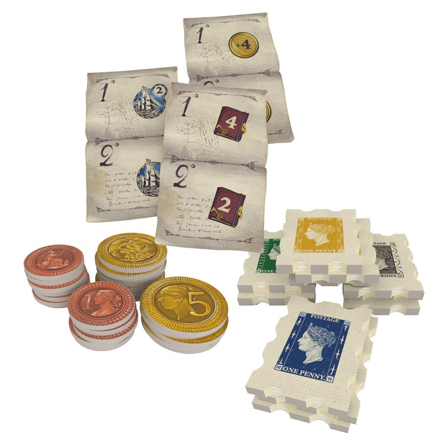 Darwin's Journey - Stacked parchment-style cards with numbers and icons, round tokens in brown and yellow with numeric values, and white.