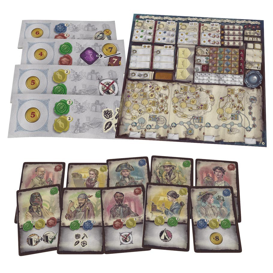 Darwin's Journey - Board game setup with detailed map board, circular and square tokens, colorful gems, and character cards featuring.