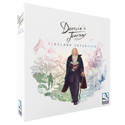 Darwin's Journey: Fireland Expansion - White board game box with an illustration of an elderly man reading a book, surrounded by colorful mystical landscapes and.