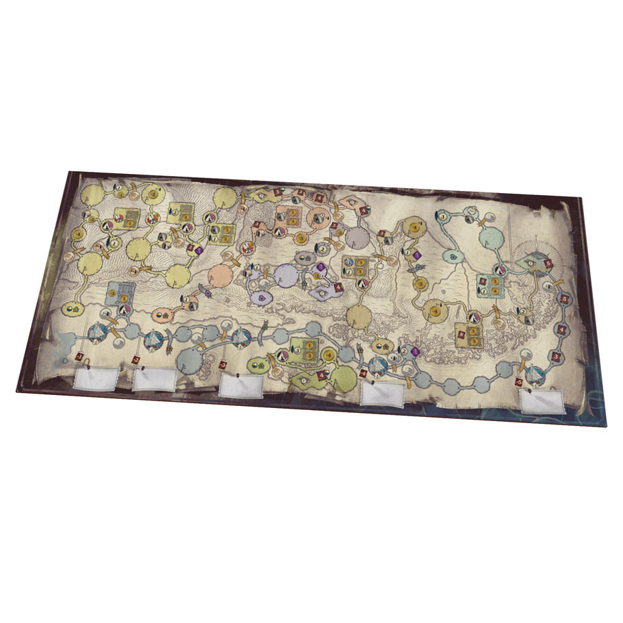 Darwin's Journey: Fireland Expansion - Rectangular game board with an illustrated map featuring circular spaces, icons, and colored markers for a strategy game.