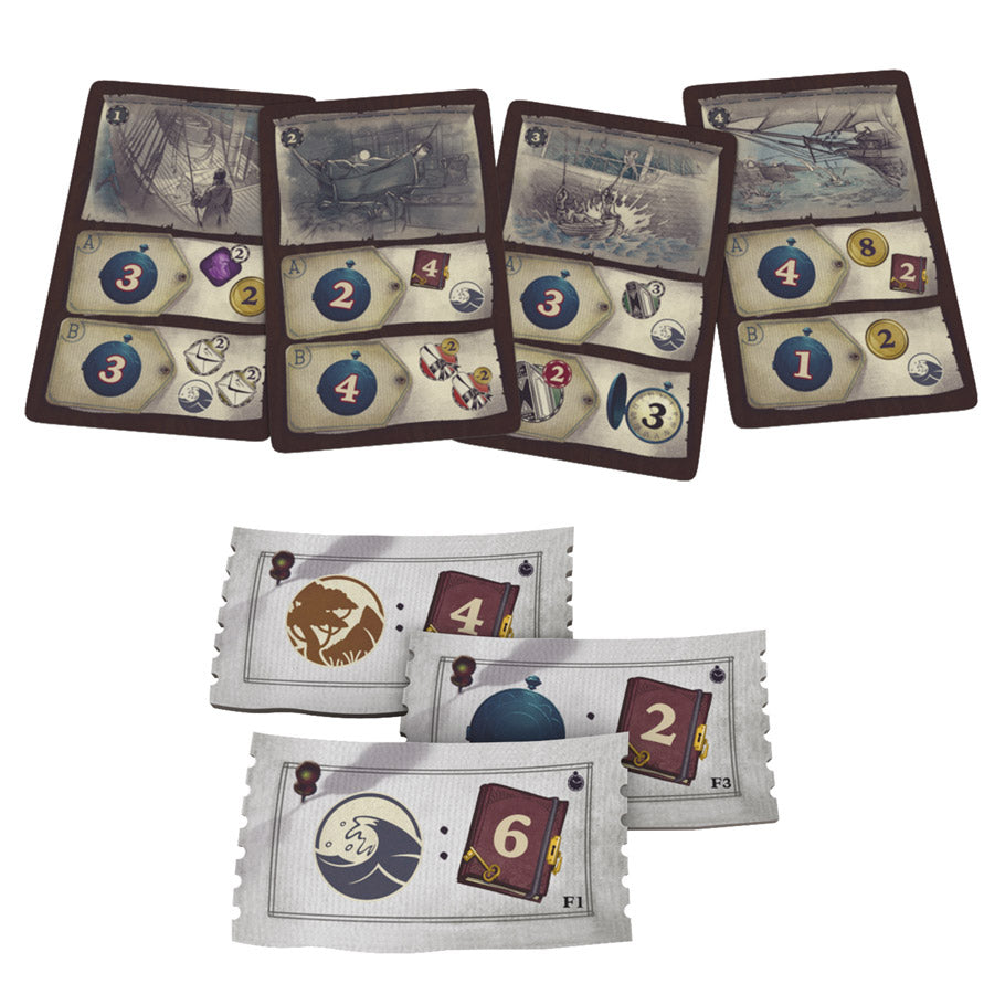 Darwin's Journey: Fireland Expansion - Four open game cards with blue, brown, and beige tones featuring illustrations and numeric symbols, alongside three small.