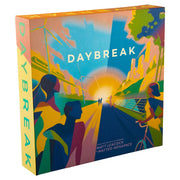 Daybreak - Colorful board game box with silhouettes of people watching a sunrise over a cityscape titled "Daybreak".