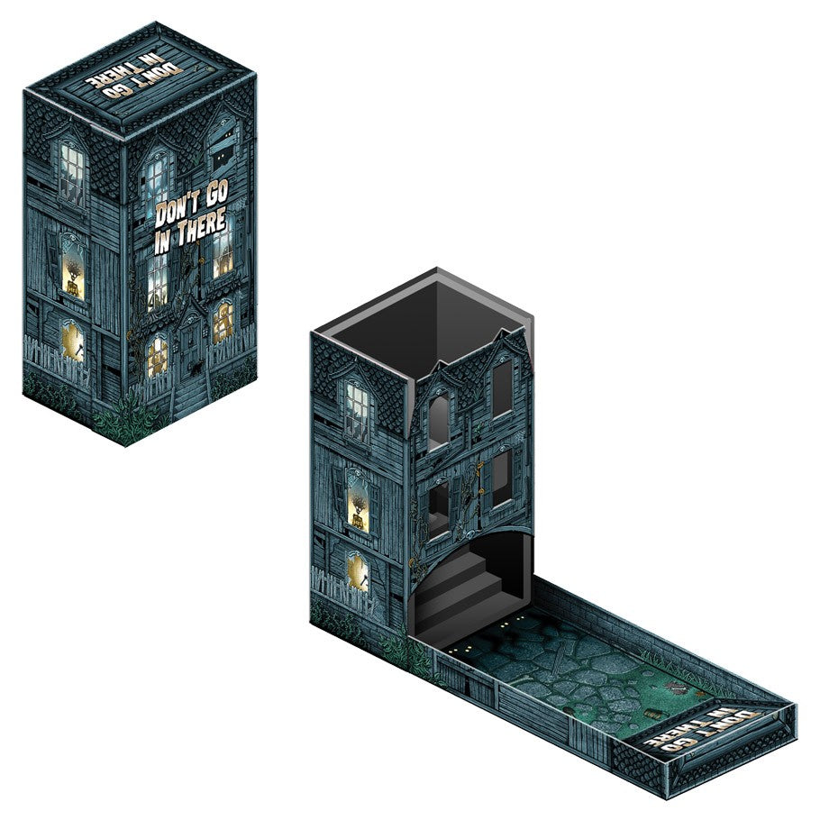 Don't Go In There - Tall rectangular box with dark, haunted house design and yellow-lit windows, unfolding to reveal an interior game area with.