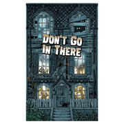 Don't Go In There - Tall rectangular game box with haunted house illustration in dark blue and black, glowing yellow windows, and bold white.