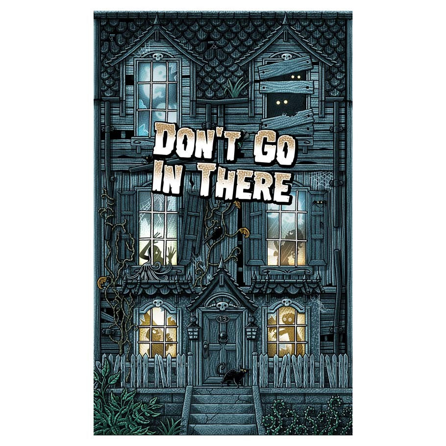 Don't Go In There - Tall rectangular game box with haunted house illustration in dark blue and black, glowing yellow windows, and bold white.
