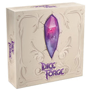 Dice Forge - White square board game box with embossed vine design and a large purple crystal in the center labeled Dice Forge.